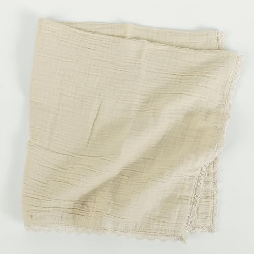 Image of FINGERCRAFT Cloth Napkins Set of 8, 20x20 Inch, Soft Cotton Muslin Dinner Napkins with Lace Edge, Reusable Washable Table Napkins for Wedding, Party, Dining & Home Decor (Beige)
