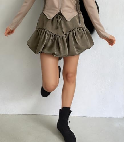 OCUH Bubble Skirt Satin Pleated Ruffle Puffy Mini Skirt A Line Low Waist Vintage Balloon Skirts Cutecore Clothes2