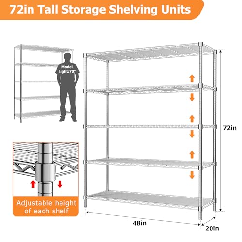 Image of ROOMTEC 5-Tier Wire Shelving Unit,48 inch W*20 inch D*72 inch H,Max Load 2000LBS