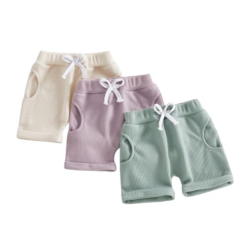 Sejardin Toddler Baby Girl Shorts 3 Pack Solid Waffle Elastic Waist Bottoms Infant Summer Casual Shorts, Apricot Purple Green, 2-3 Years