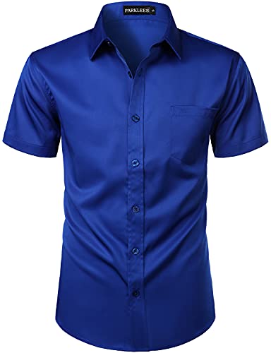 PARKLEES Mens Casual Urban Stylish Slim Fit Short Sleeve Button Up Dress Shirt with Pocket ZLSC15 Royal Blue M