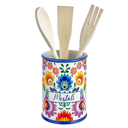 Baroni Home Portamestoli Decorato in Ceramica con Mestoli Inclusi, Accessorio da Cucina Colorato Resistente, Linea Flora, 11x11x25 cm