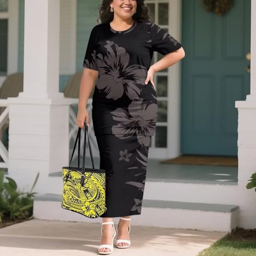 Image of Puletasi Samoan Traditional 2 Piece Outfits for Women Short Sleeve Crop Top and Maxi Skirt Sets Puletasi Dress