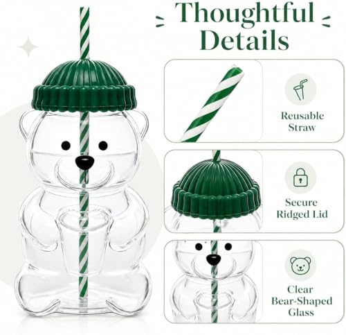 Image of KELVEE Bear Shaped Glass Cup with Straw and Lid | Cute Teddy Bear Tumbler | Reusable Drinking Glass for Iced Coffee Boba Tea Smoothies Cocktails | Kawaii Aesthetic Drinkware | Gift for Women Girls