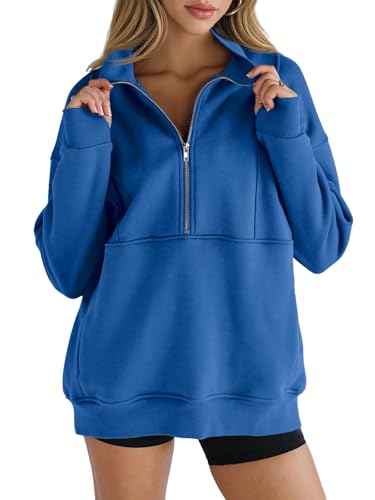 Women's Half Zip Sweatshirts Fleece Stand Collar Long Sleeve Thumb Hole Oversized Pullovers with Pockets Blue