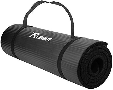 REEHUT 1/2-Inch Extra Thick High Density NBR Exercise Yoga Mat for Pilates, Fitness & Workout w/Carrying Strap (Black)
