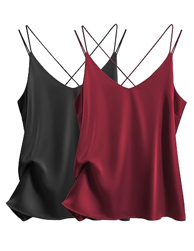 Image of Ekouaer Womens 2-Pack Silk Satin Camisole Tank Top V Neck Sexy Cross Back Spaghetti Strap Cami Sleeveless Lounge Tops S-XXL