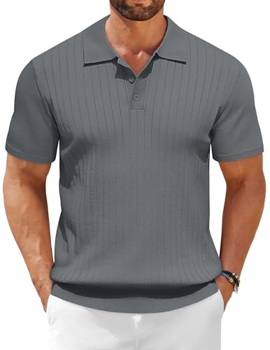 COOFANDY Men's Polo Shirts Short Sleeve Ribbed Knit Polo T Shirts Business Casual Golf Shirt Collar T Shirt Grey