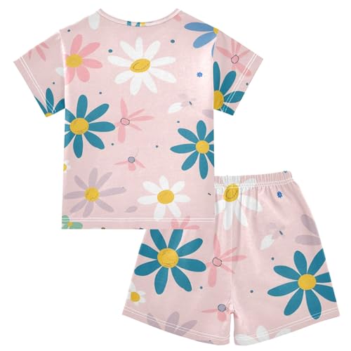 Summer Pajama Set Blue White Purple Pink Flowers, Short Sleeve Sleepwear Nightwear2