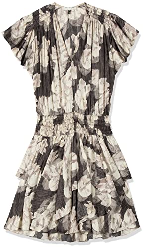 Halston Heritage Women's Cap Sleeve V Neck Ruched Waist Flounce Dress, Black Starflower Print, Extra Small #TOP2
