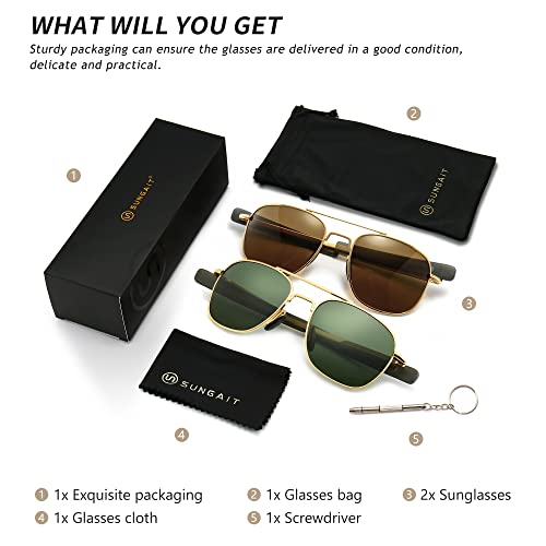 Image of SUNGAIT Men's Military Style Polarized Pilot Aviator Sunglasses - Bayonet Temples