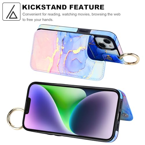 Image of HAOPINSH for iPhone 13 iPhone 14 Wallet Case with Card Holder, Pink Blue Marble Print Back Flip Folio PU Leather Kickstand Card Slots Case, Finger Grip Ring Double Magnetic Clasp Shockproof 6.1 inch