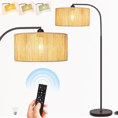 Brilvibera Boho Floor Lamp with Dimmable Bulb Nartual Rattan Adjustable Lampshade, Bronze Rustic Farmhouse Floor Lamps for Living Room, Bedroom, Office, Classroom