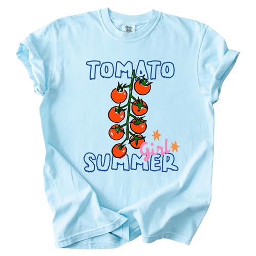 FITIN Tomato Girl Summer Garment-Dyed T-Shirt – Aesthetic Vintage Foodie Graphic Trendy Soft Girl Unisex Tee (US, Alpha, Large, Regular, Regular, Chambray)