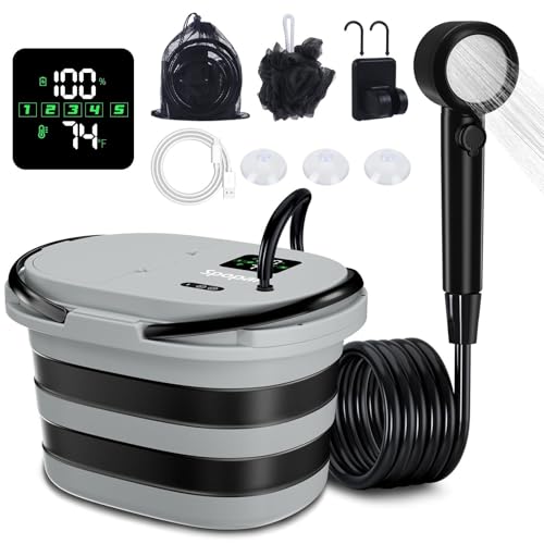 Spopal Portable Integrated Camping Shower with 20L Bucket, Temperature Measurement & Fruit Washing Mode, LED Digital Display, IPX8 Waterproof, 13000mAh Battery for Hiking, Travel, Car, Pet