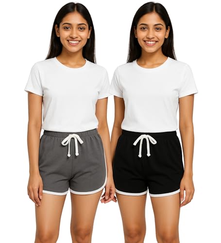 Image of Hangout Hub Women's Cotton Shorts | Boxer Half Pant with Sporty Stripe | Elastic Waist | Hypoallergenic Breathable Fabric | Sweat Absorbent Material | Gym Exercise Yoga Lounge Run Wear (Multi Color)