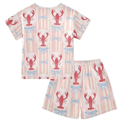 Blue Bow Lobster Pajama Set, Short Sleeve Cotton Sleepwear Nightwear2