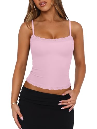 PINKMSTYLE Sleeveless Tops for Women Sexy Square Neck Lace Trim Cami Top Spaghetti Strap Cute Crop Going Out 2026 Trendy Light Pink X-Small — view 2