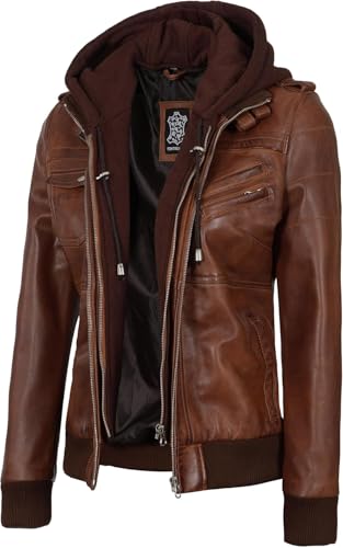 Decrum Detachable Hooded Leather Jacket Women - Real Lambskin Leather Bomber Jacket Women with Hood