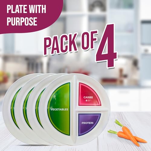 Health Beet 10” Diabetic Portion Control Plate for Balanced Eating - 3 Divided Sections for Veggies Carbs & Protein - Microwave & Dishwasher Safe Bariatric Sectioned Plates for Adults & Kids - 4 Pack