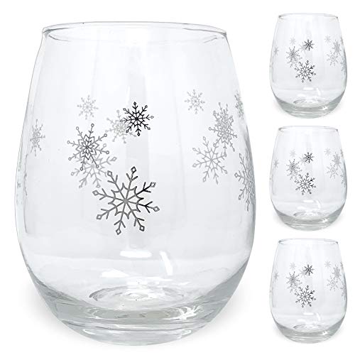 Snowflake Winter Wine Glass Set - Set Of 4 Stemless Glasses With Silver Snowflake Designs - 14Oz #TOP20