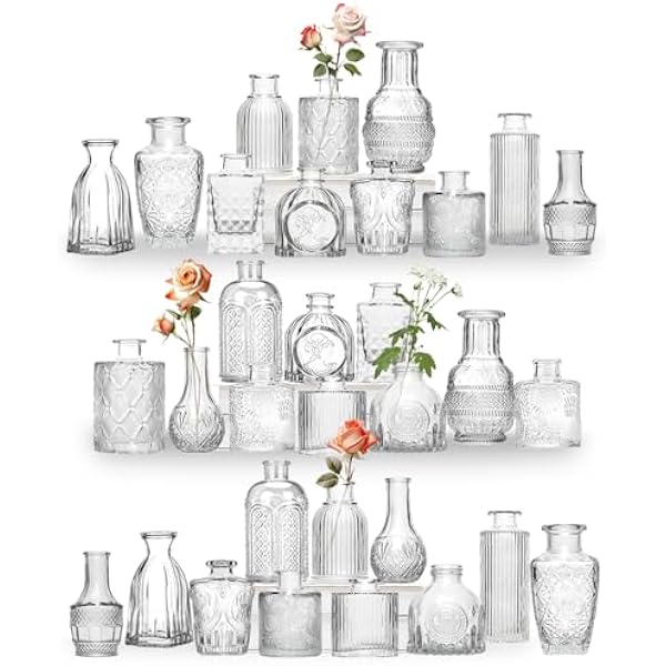 Zestaw 32 mini wazonów z pąkami na stół, przezroczyste wazony w stylu vintage, małe wazony na kwiaty, nadają się do dekoracji stołu, na urodziny, wesele, baby shower (32, przezroczysty)
