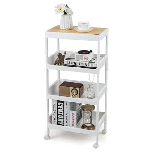 GIANTEX Rollwagen mit 4 Ebenen, Nichenregal auf Rollen, Küchenwagen Servierwagen mit abnehmbarem Tablett, Küchenregal Allzweckwagen Aufbewahrungswagen für Küche Badezimmer 40x26x84 cm