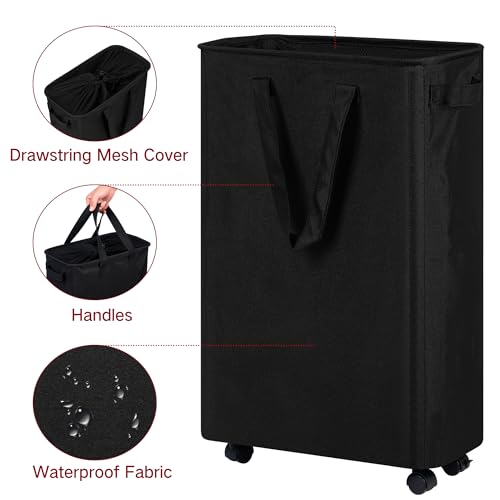 efluky Slim Laundry Hamper with Wheels, Rolling Laundry Basket for Clothes, Small Laundry Basket for Bedroom, Dorm and Laundry Room, 60L (12.7 Gallons) Black