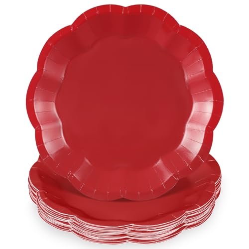 Image of NatNarr 30 Pcs Red Paper Plates 9 Inch Scalloped Dinner Cake Plates | Red Party Plate Disposable Picnic Plate for BBQ, Seafood Boil Party, Wedding, Birthday
