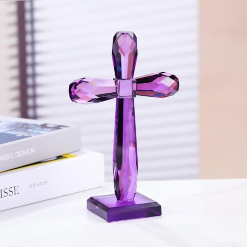 Image of YWHL Purple Crystal Holy Cross Figurine, Religious Gifts for Women Men
