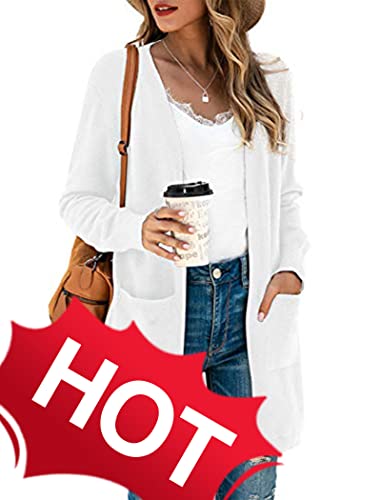Tasamo Women's Long Sleeve Pocket Solid Color Knit Ribbed Neckline Cardigans (Small,White) #TOP7