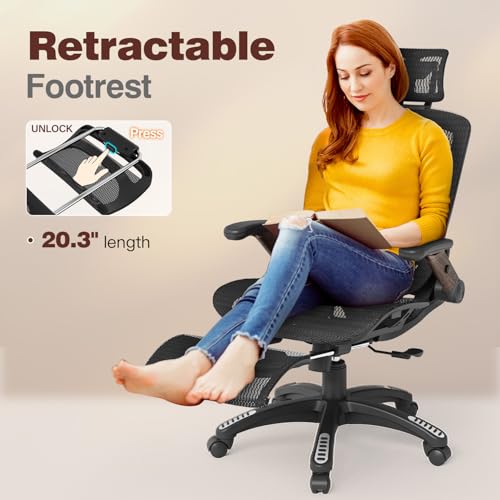 Image of GABRYLLY Ergonomic Office Chair with Footrest, High Back Mesh Computer Chair with Flip-Up Arm, 3D Headrest, 135 Reclining, Rolling Gaming Task Chair with Wide Seat Lumbar Support,300LBS