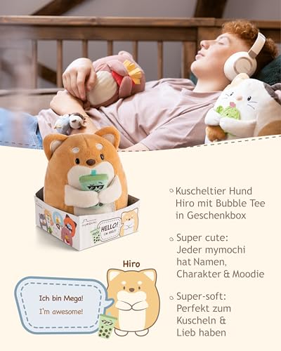NICI MYMOCHI Kuscheltier Hund Hiro 16 cm mit Bubble Tee in Geschenkbox 11x12x6,5 cm, Flauschiges Stofftier zum Kuscheln, Spielen und Liebhaben - 61152