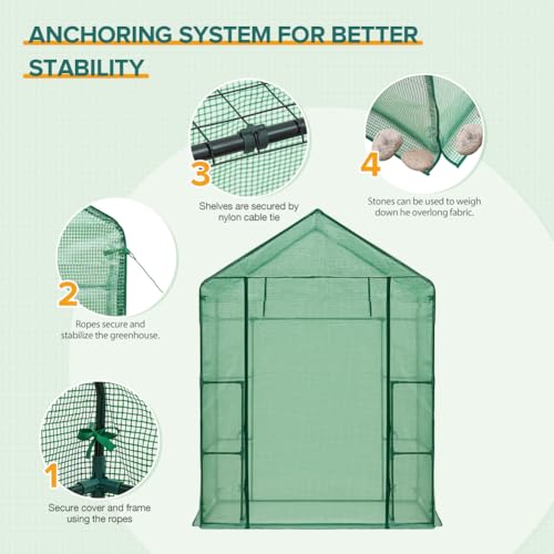 Image of EAGLE PEAK Walk in 3-Tier Greenhouse with Wire Shelves, Portable Indoor and Outdoor Green House with Roll-Up Zippered Door & 2 Roll Up Side Windows, 4 Shelves, 61 inchx28 inchx79 inch, Clear /Green PE Cover