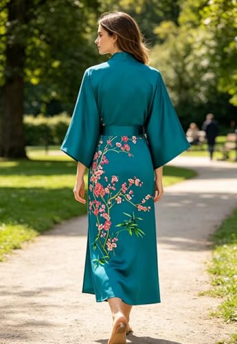 Image of Women's Classic 100% Silk Kimono Robe, Bathrobe-Printed Pattern