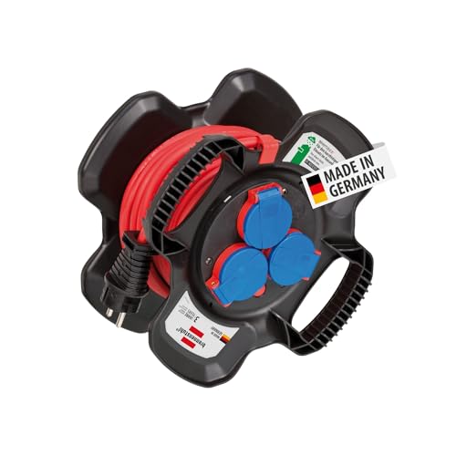 Brennenstuhl enrollacables X-Gum con 3 tomas de corriente, alargador enrollable de cable 10 m (uso en exteriores, irrompible, fabricado en alemania)