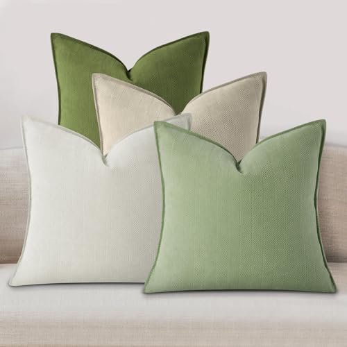 Silkena Throw Pillow Covers 18x18 Inch Set of 4 Neutral Soft Chenille Decorative Solid Pillow Covers Modern Farmhouse Cushion Case for Couch Bed Living Room Home Decor (Green-White)