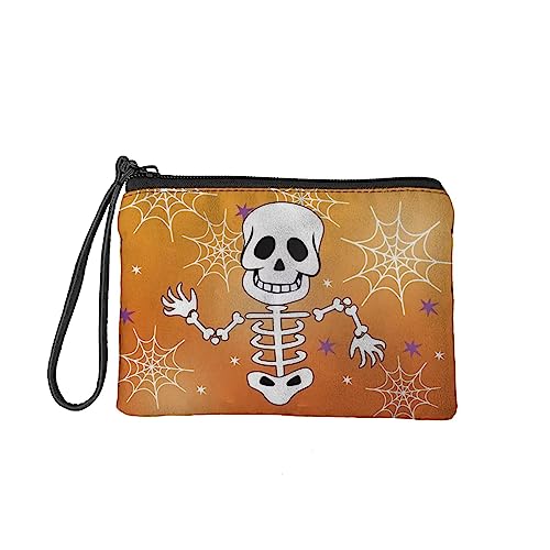 GLENLCWE Happy Skeleton Web Print Small Coin Purse Halloween Canvas Coin Pouch Wrislet Change Purse for Women Men Boys Girls