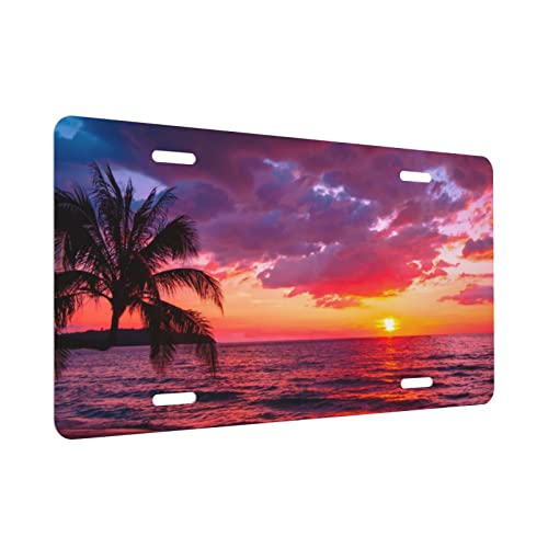 Puibun License Plates Beautiful Sunset Tropical Beach With Palm Tree Decorative License Plates,Vanity Tag,Metal Car Plate,Aluminum Novelty License Plate For Men/Women/Boy/Girls Car,6 X 12 Inc #TOP7