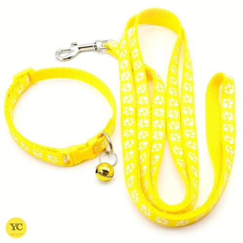 Image of YellowCult Dog /Cat Collar Leash Set with Adjustable Soft Nylon Paw Print Pet Collar for Cats, Puppies, Small Dogs, Fat Rabbits Walking Training, Bell & Quick Release Buckle Safety Lock -[Yellow]