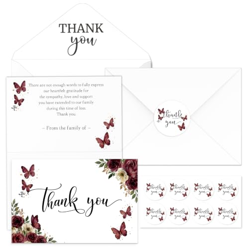 Fumete 50 Set Funeral Thank You Cards, Red Butterfly