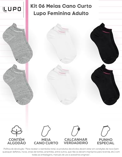 Kit 06 Pares Meias Protetor de Calcanhar Feminina Lupo Adulto | 2 Branco - 2 Cinza - 2 Preto | 34-39