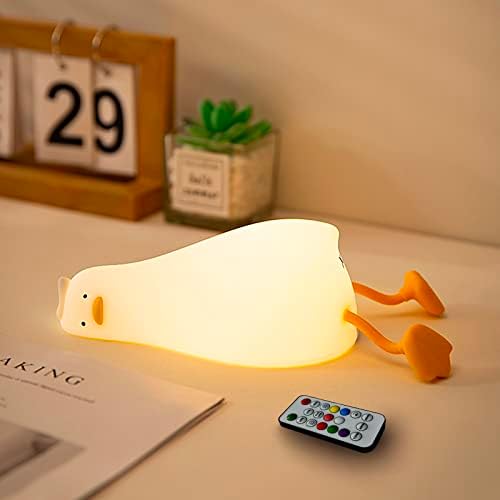 Lying Flat Benson Duck Multi-Color Lamp with Remote Control, Rechargeable Silicone Night Light, Dimmable Cute Light Up Duck, Nursery Nightlight, Bedside Lamp for Breastfeeding, Kawaii Room Decor.