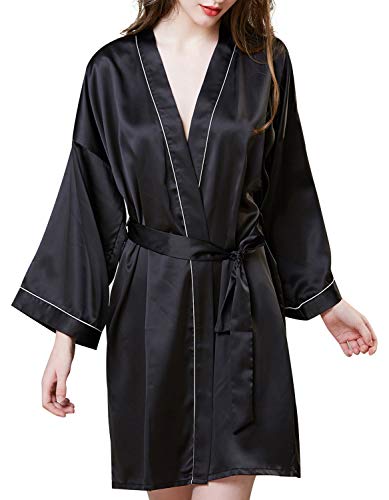 Ritera Damen Kimono Morgenmantel Bademantel V Ausschnitt Schlafanzug Nachtwäsche Kurz Robe Hochzeits,Schwarz,XL Cover