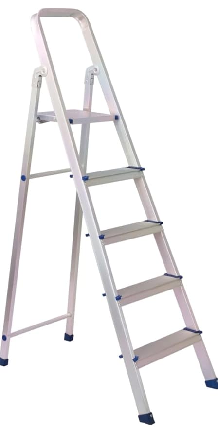 MUNZIR LADDERS 5 Steps ladders 6 Feet for Home, Aluminium Foldable Ladder with Wide Anti Skid Steps, Light Weight, Ladder for Indoor & Outdoor (Sliver) (with Platform)