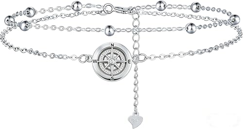 Gkmamrg Kompass Fußkettchen aus 925 Sterling Silber - Symbol für Führung & Abenteuer - Geschenk für Frauen zum Geburtstag Abschluss oder Strandurlaub