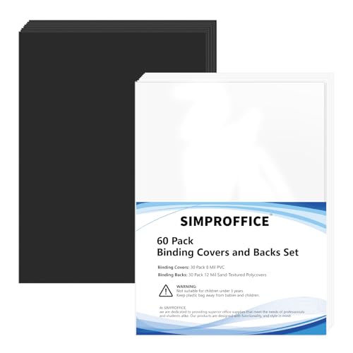 SIMPROFFICE 60 Pack Binding Covers and Backs Set, 8.5 x 11 Inches, 30P Clear PVC Covers (8 Mil), 30P Black Sand-Textured Polycovers (12 Mil)，Presentation Covers for Binding, Letter Size