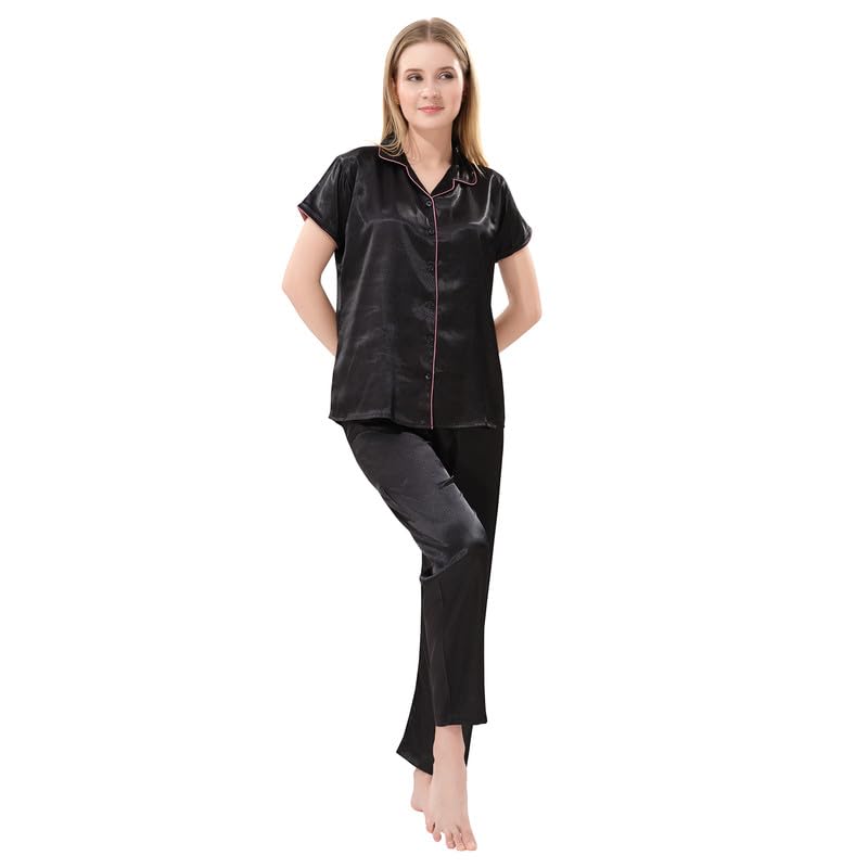 Riza Satin Fabric Short Sleeves Lapel Collar Relaxed Fit Plain Shirt and Pyjama Night Suit Set-image-17