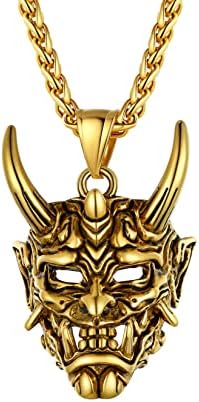 U7 Demon Skull Punk Pendant Necklace, Customized Text Available, Stainless Steel Chain/Leather Cord Rope, Silver/Gold/Black Plated, Gothic Halloween Jewellery