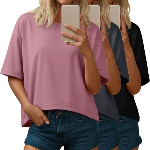 JoyMotion 3 Pack Women's Boxy T-Shirts, 3-Color Set, Large